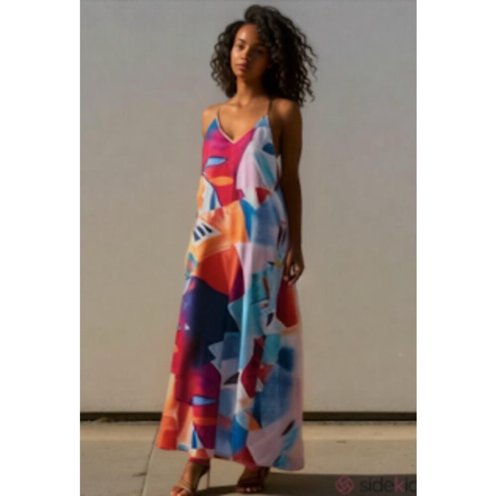 Nicole Miller Satin Maxi Dress NY Abstract Print Matte Charmuse Size Small